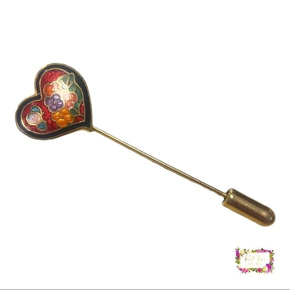 Vintage Heart Shaped Cloisonné Floral & Butterfly Stick Pin - Picture 1 of 14